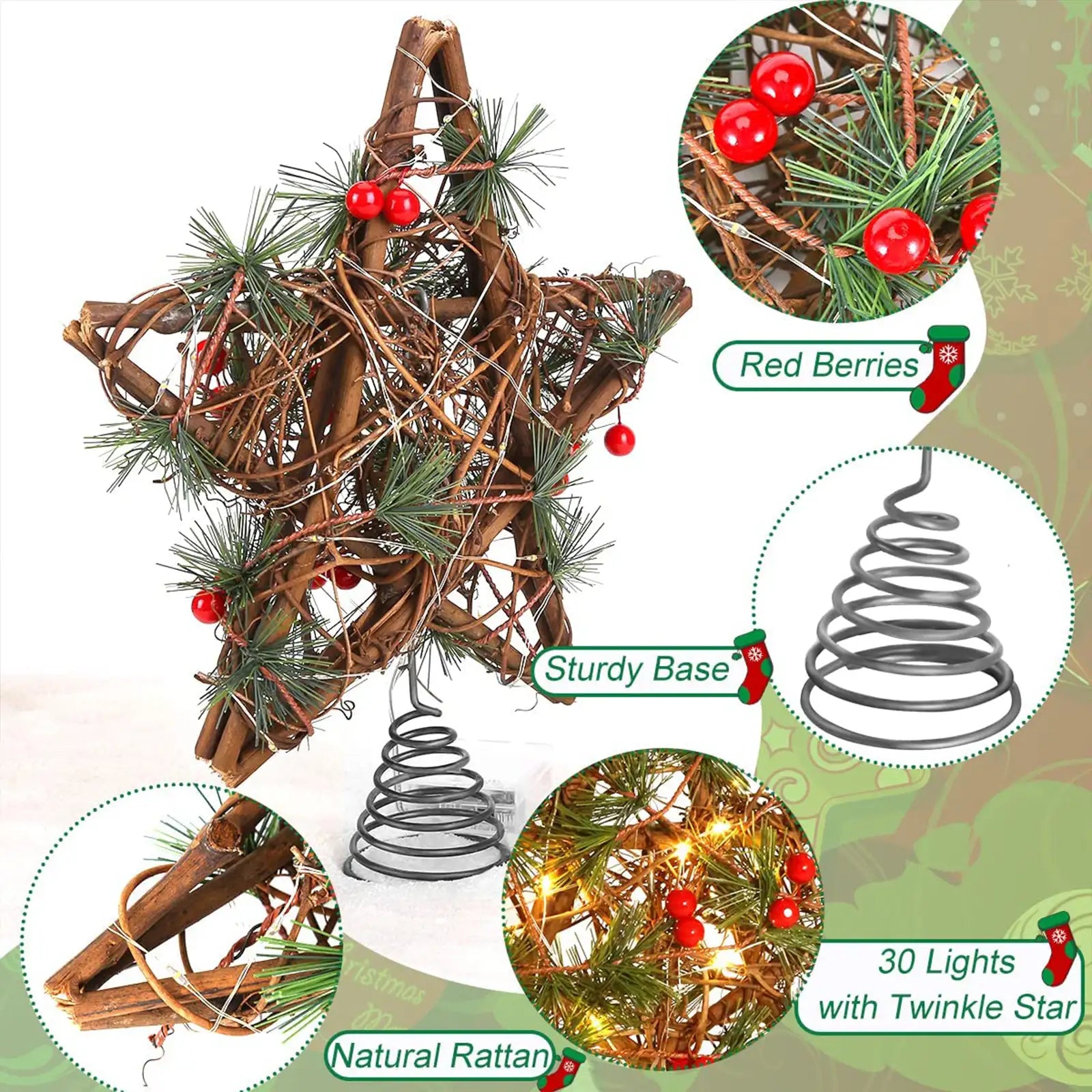Adorno para árbol de Navidad con forma de estrella, con estrella centelleante de 30 luces 