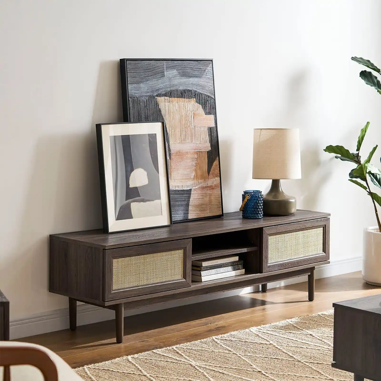 Boho TV Stand, Modern Farmhouse with Rattan Sliding Doors, Entertainment Center