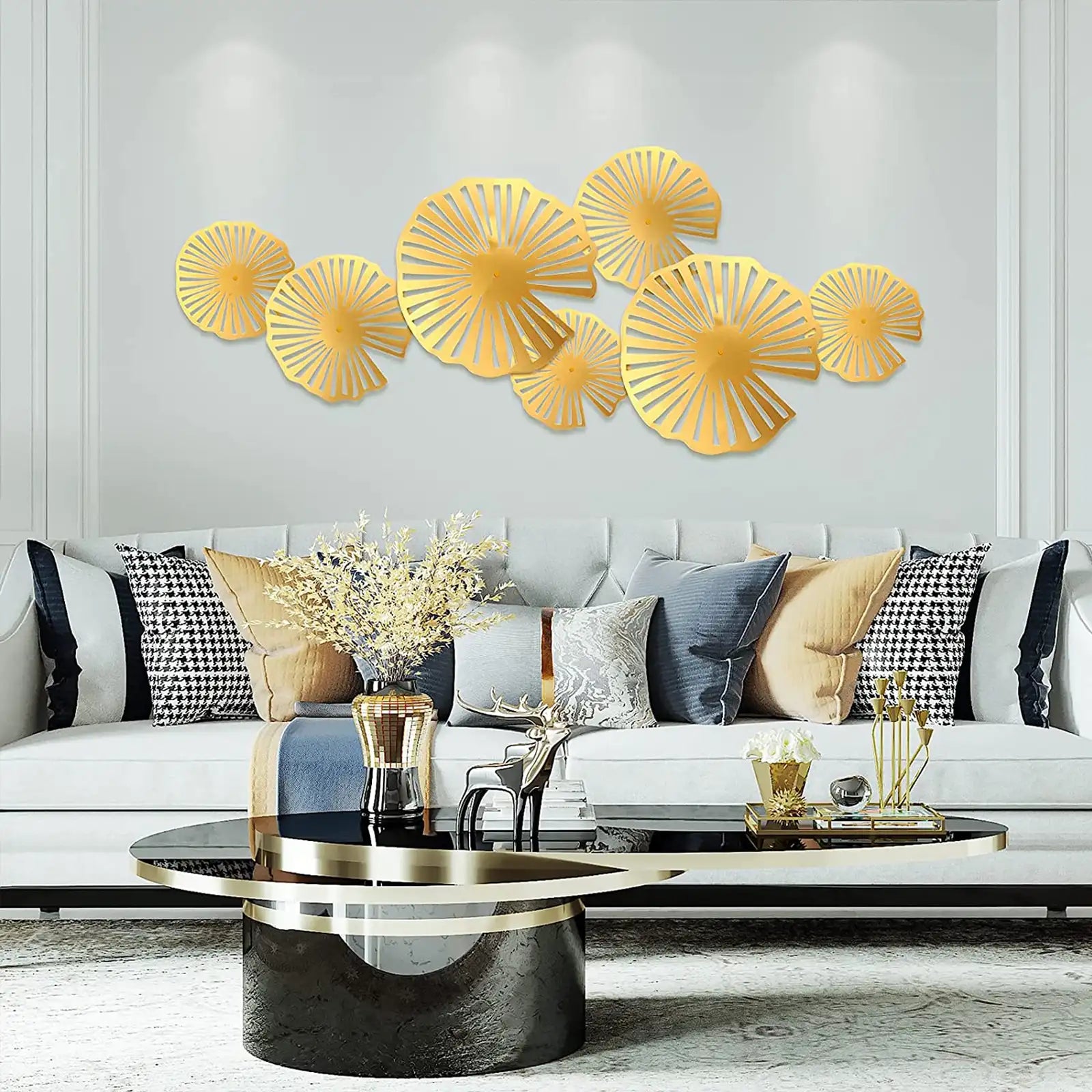 7 Pieces Gold Metal Wall Art Decor 3D Lotus Leaves Floating Wall Sculptures Modern for Living Room Bedroom Hotel Home Decorations, 3 Sizes