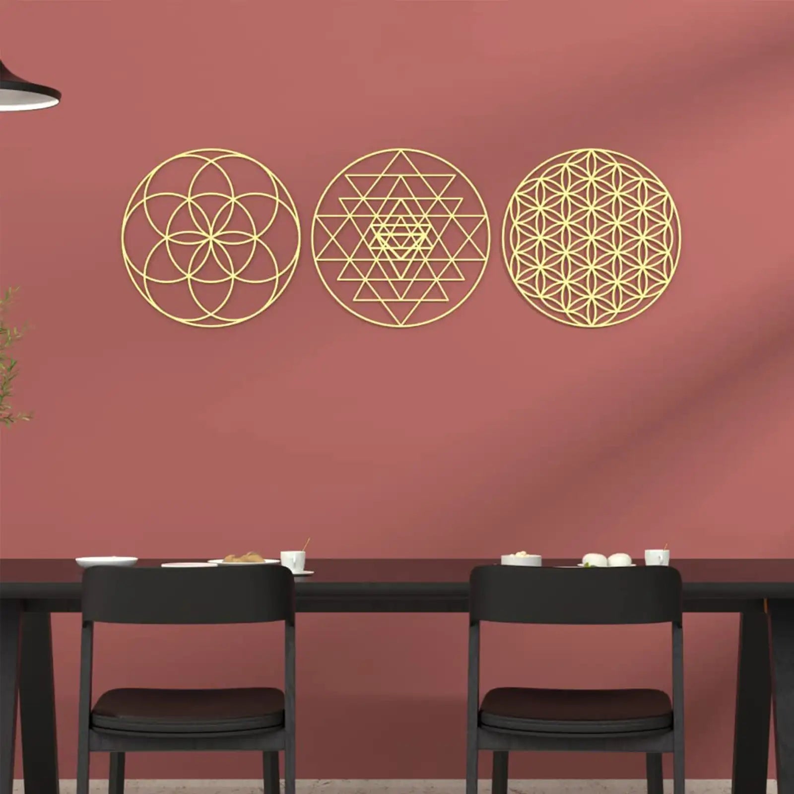 Arte de pared de metal geométrico, decoración moderna abstracta Torus Sri Yantra flor de la vida para colgar en la pared, decoración de pared redonda de metal dorado para yoga, decoración de meditación para el hogar, juego de 3 