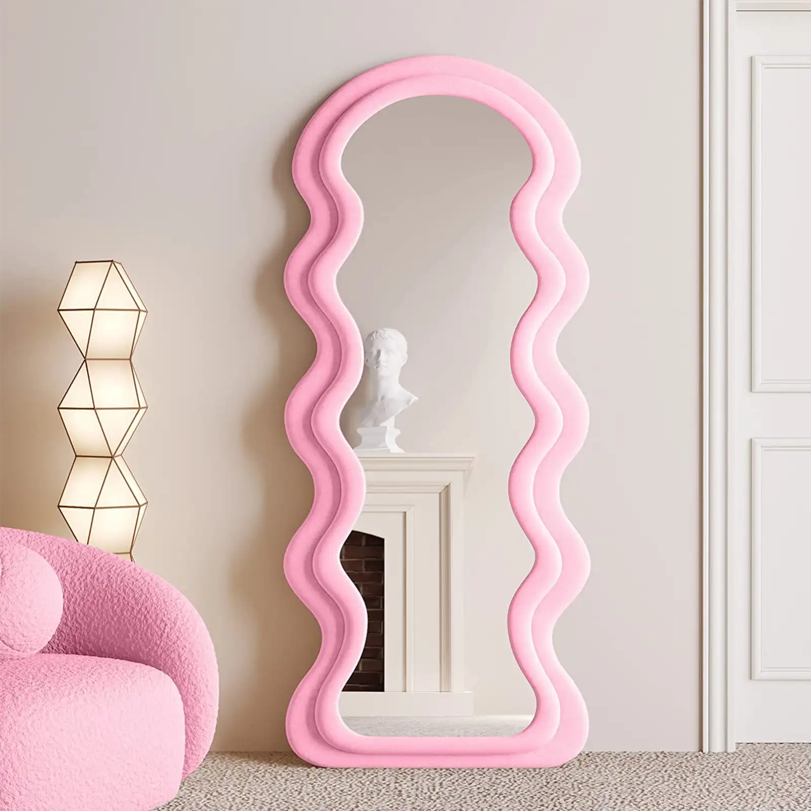 Full Length Mirror 63"x24", Irregular Wavy Mirror, Wave Arched Floor Mirror, Wall Mirror Standing Hanging or Leaning Against Wall for Bedroom, Flannel Wrapped Wooden Frame