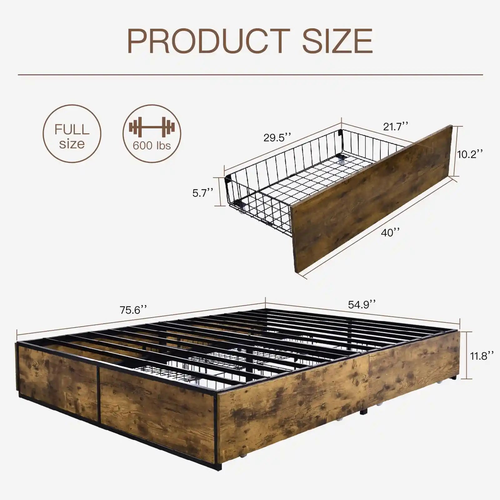 Industrial Metal Platform Bed Frame with 4 XL Storage Drawers and Casters