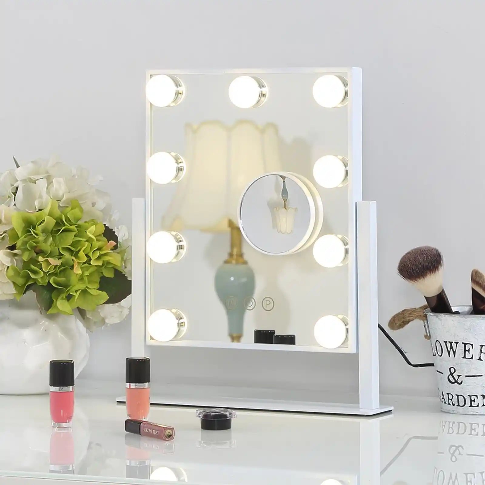 Vanity Mirror with Lights 3 Colored 360°Rotation Tabletop Metal