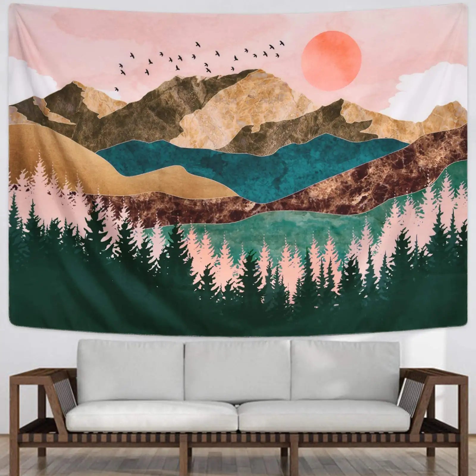 Tapiz de montaña, tapiz de árbol forestal, tapiz de puesta de sol, tapiz de paisaje natural para colgar en la pared de la habitación 