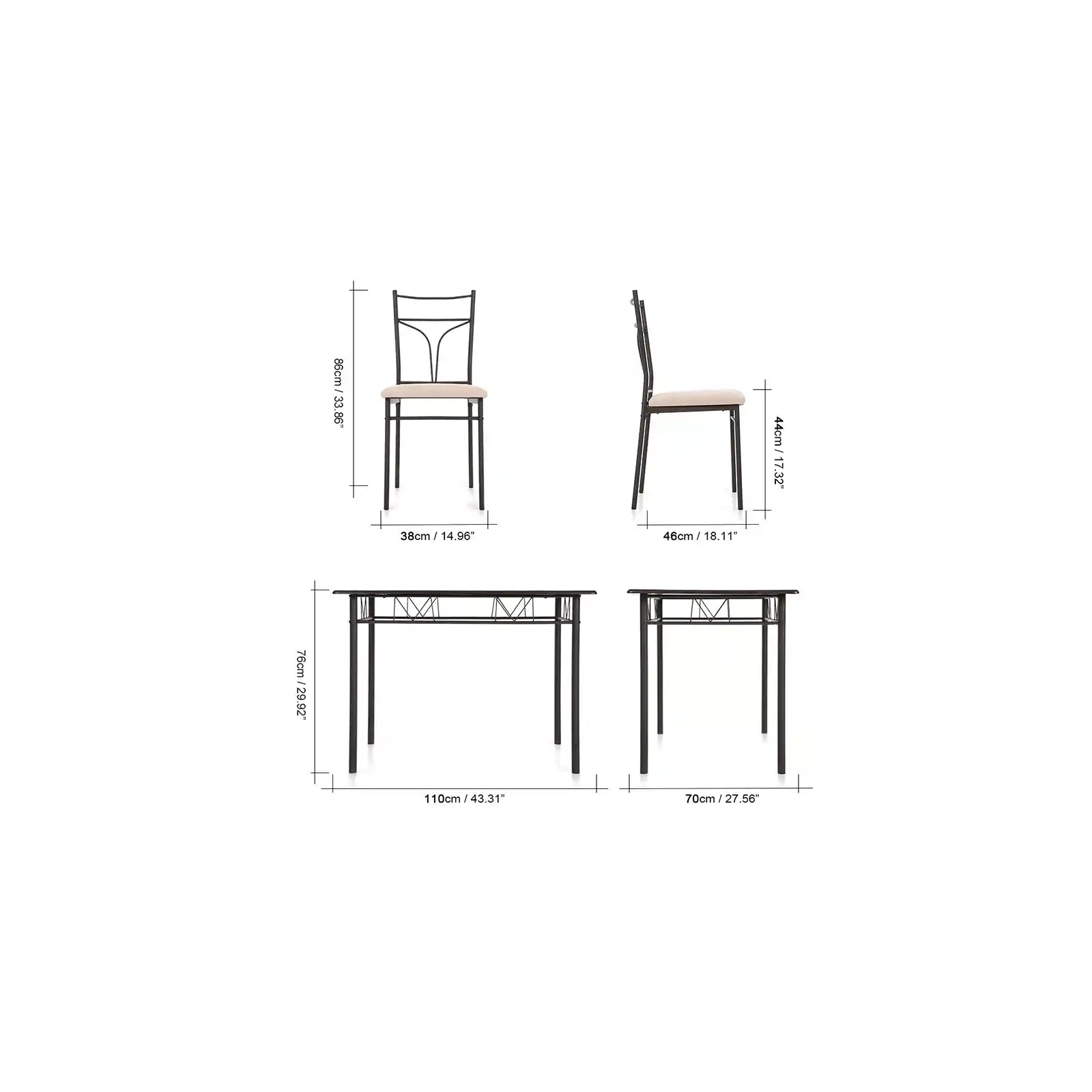 Juego de comedor de 5 piezas, mesa de cocina y comedor con estructura metálica y 4 sillas 