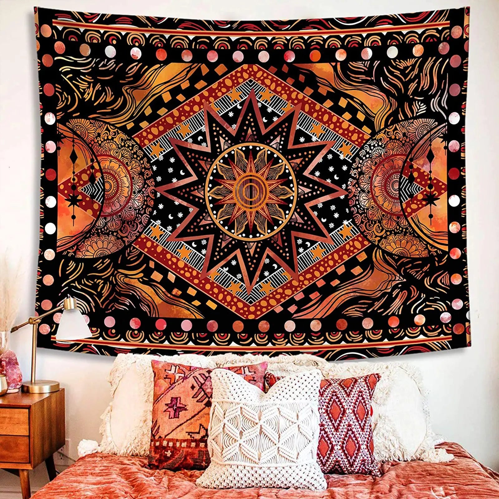 Orange Sun and Moon Tapestry Wall Hanging, Indie Hippie Mandala Cool Wall Tapestries, Aesthetic Tapestry for Bedroom Living Room Dorm