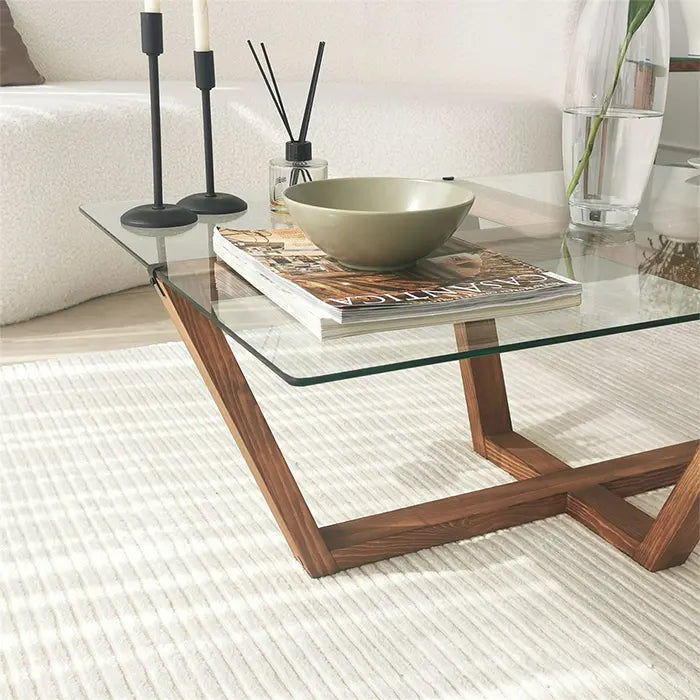 Mesa de centro grande de vidrio irrompible con patas de madera maciza, extremo de madera de nogal, mesa decorativa lateral, mesa central baja única, tapa de vidrio templado