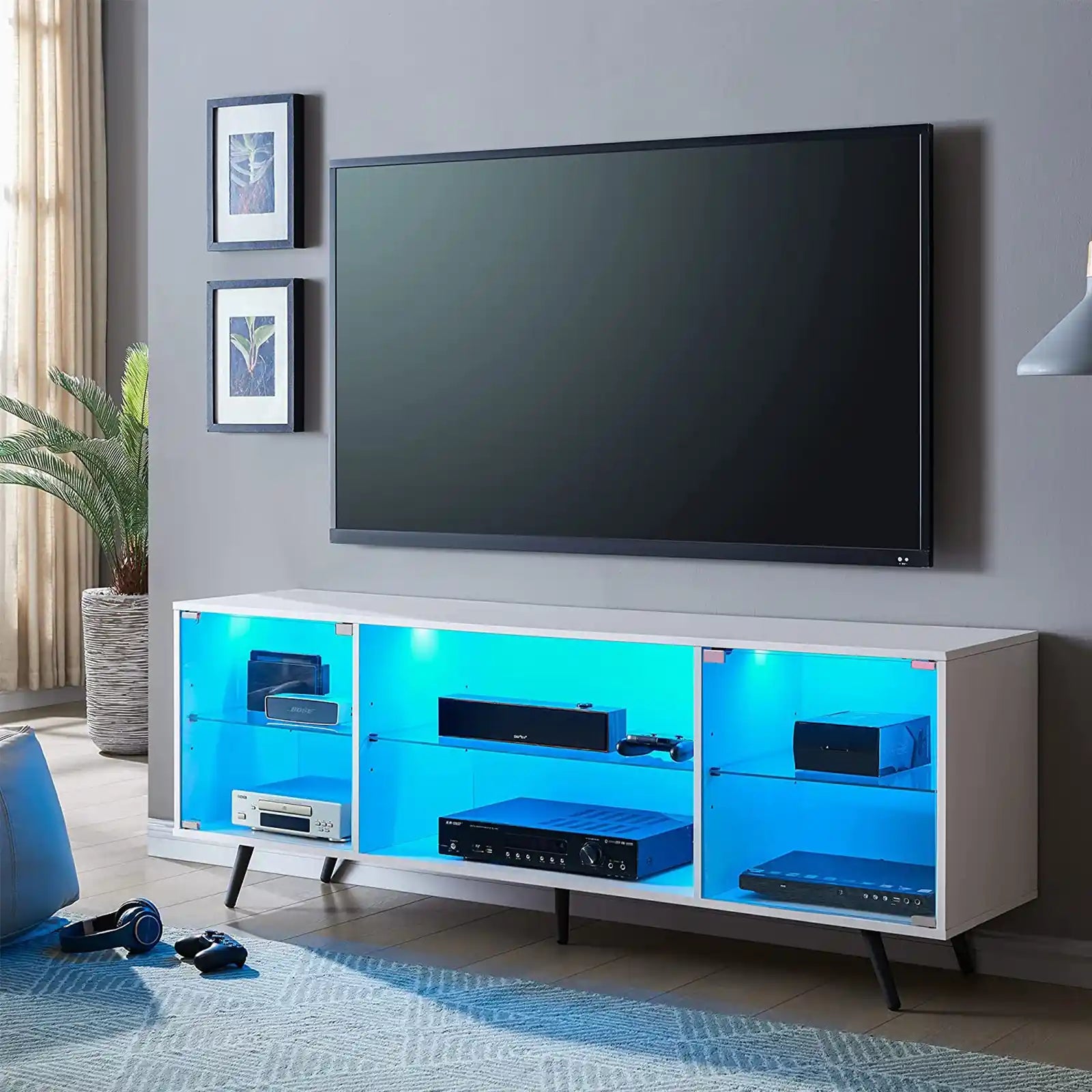 Soporte de TV moderno para TV de 75 pulgadas con luces LED, soportes de televisión para consola multimedia de centro de entretenimiento para juegos