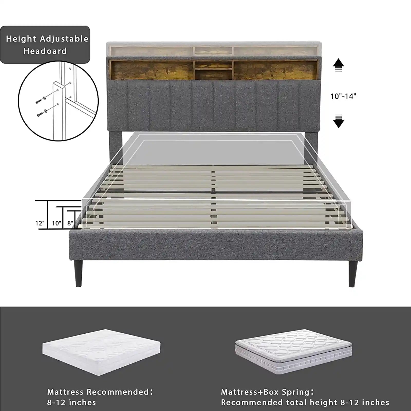 Estructura de cama con plataforma tapizada en tela moderna con regleta y cabecera con almacenamiento