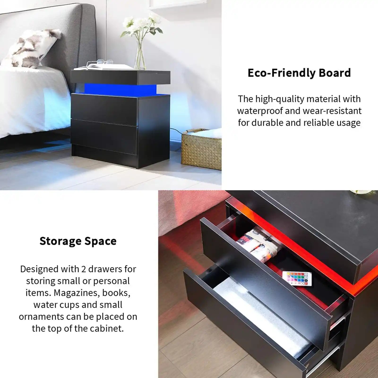 Bedside Table with 2 Drawers, LED Nightstand Wooden Cabinet Unit with LED Lights