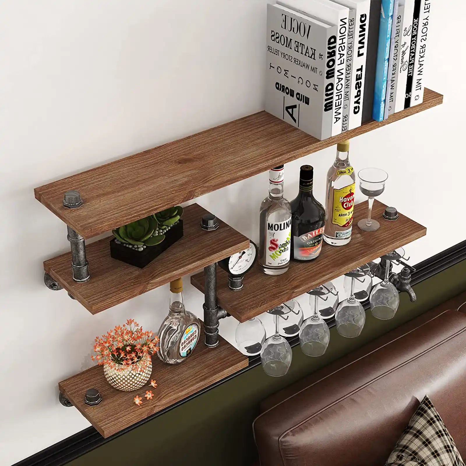 Wooden Industrial Pipe Shelf Wine Rack Wall Mounted