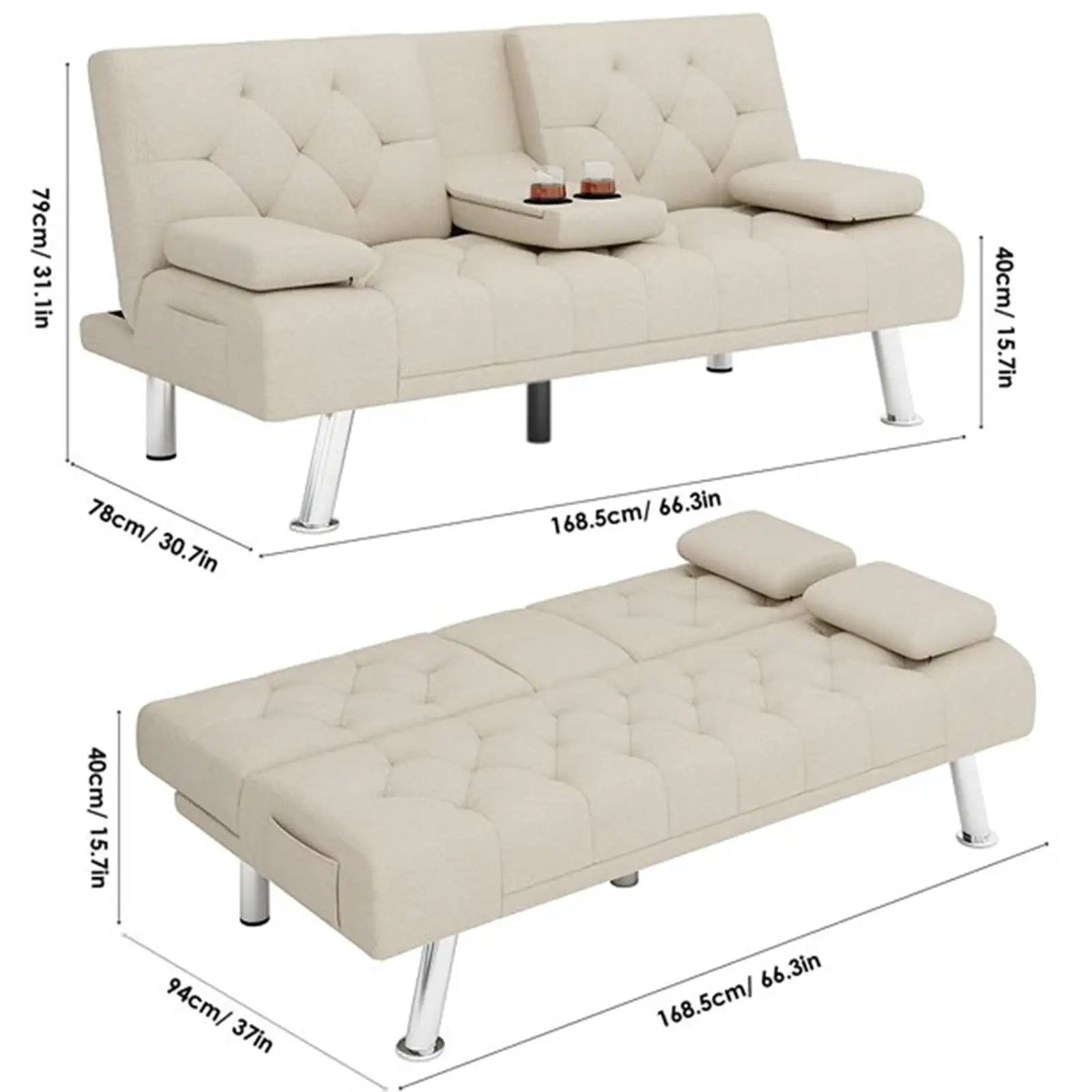 Upholstered Folding Sleeper Sofa with Removable Armrests, Couch for Small Space