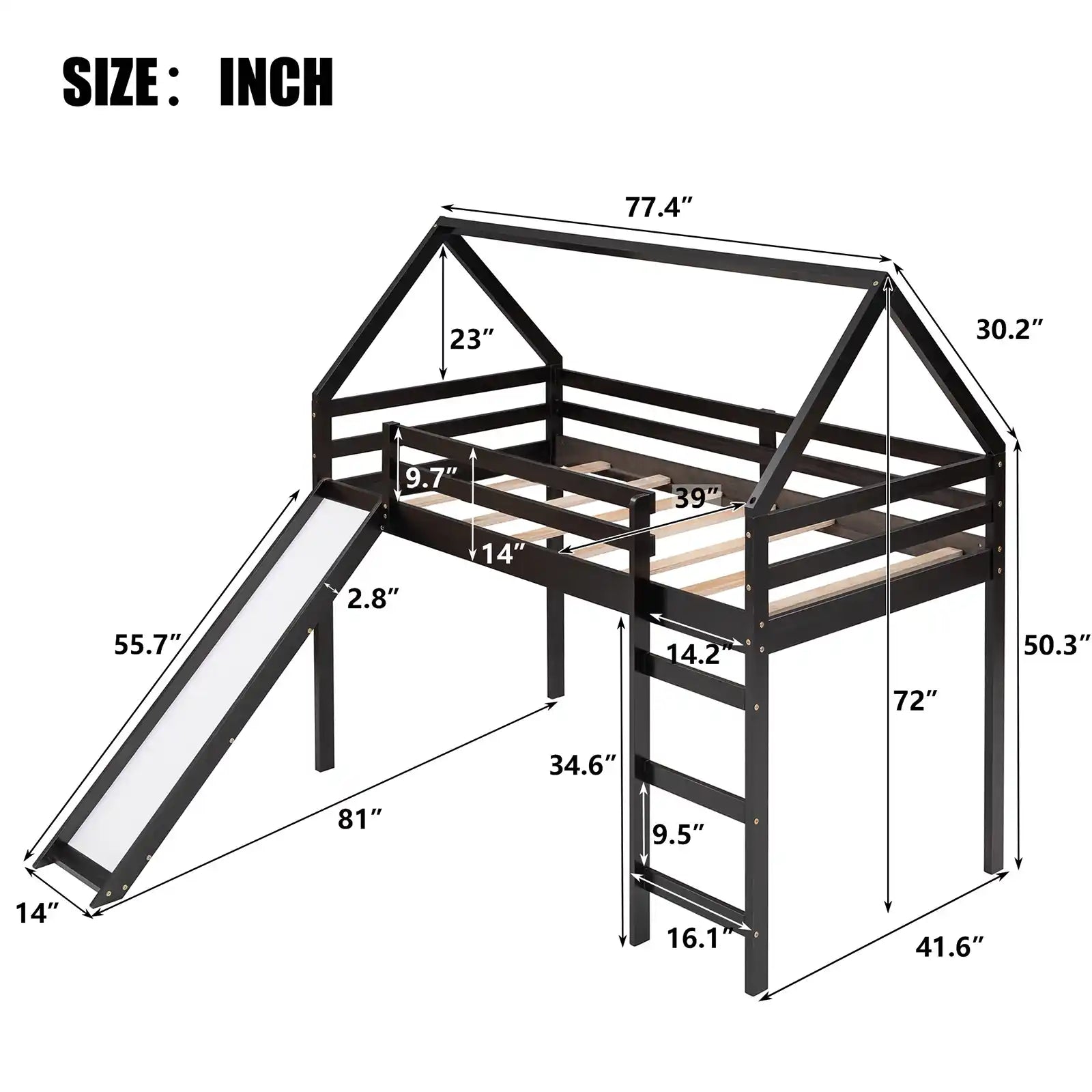 Cama alta de madera maciza con escalera y barandilla 