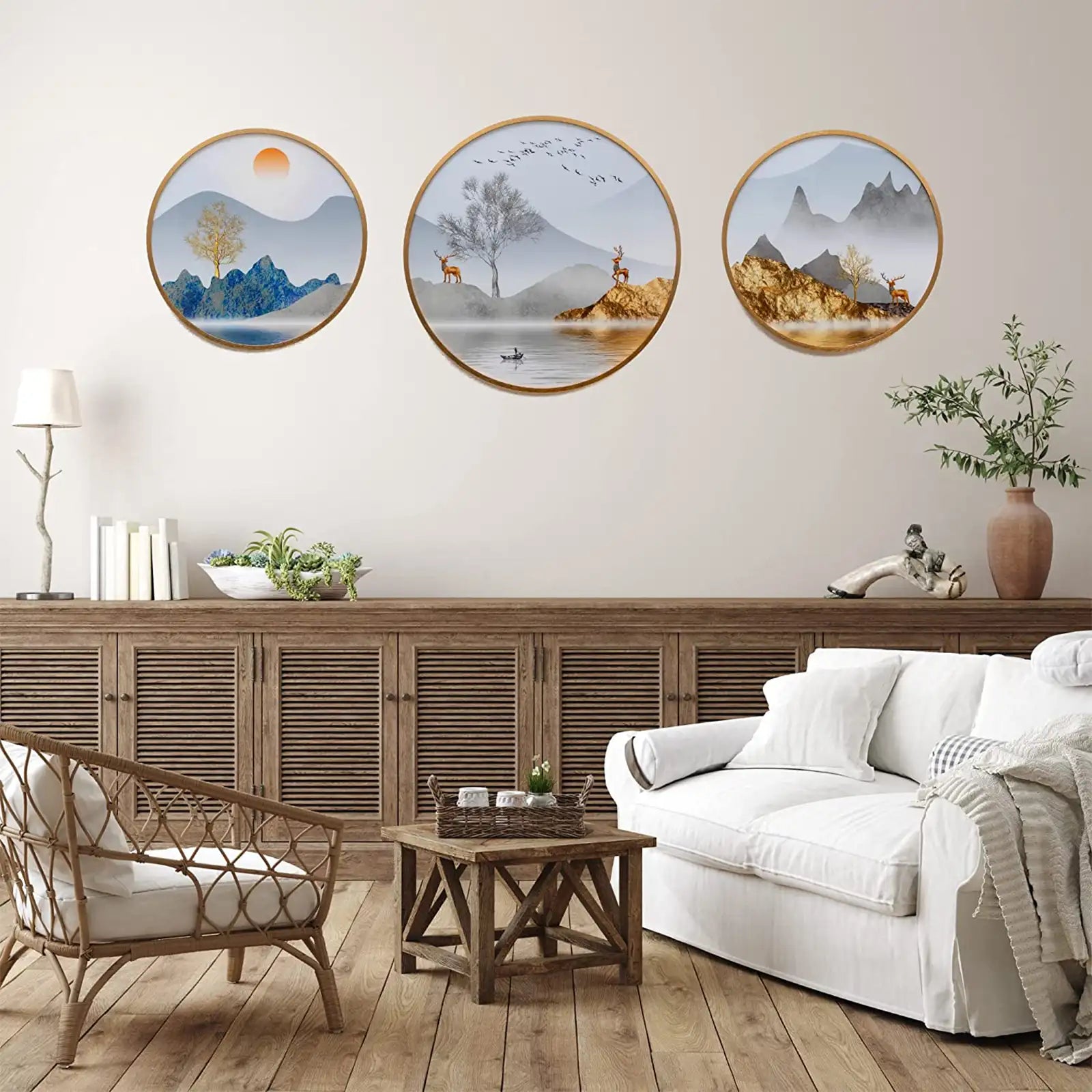 Pintura de pared para sala de estar – Juego de 3, arte de pared enmarcado mediano y grande – Pinturas decorativas con panel de porcelana de cristal, arte de pared bohemio para oficina, hogar, comedor 