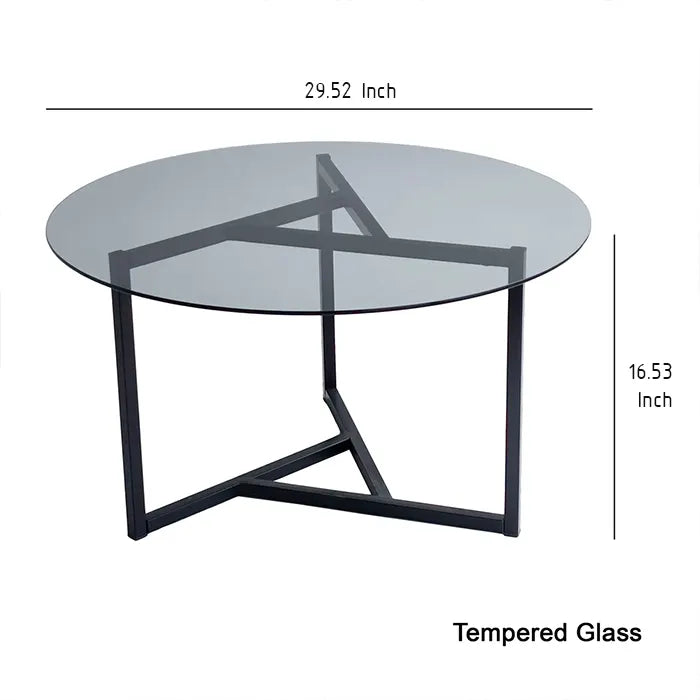 Round Glass Coffee Table with Black Metal Legs , Modern and Unique Center Table for Living Room , Large Smoked Glass Top with Low Steel Base