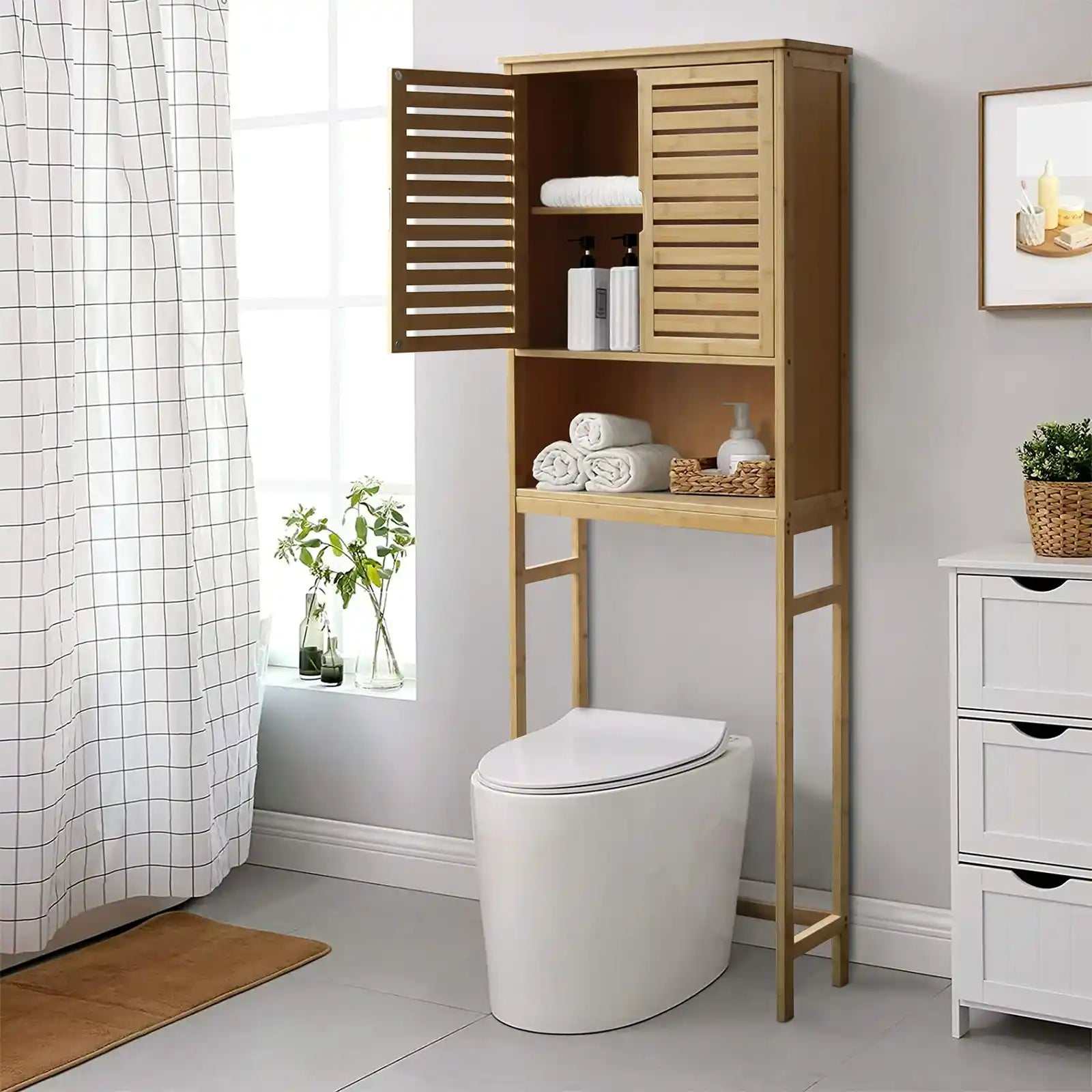 Organizador de baño con gabinete de almacenamiento de inodoro natural con estantes