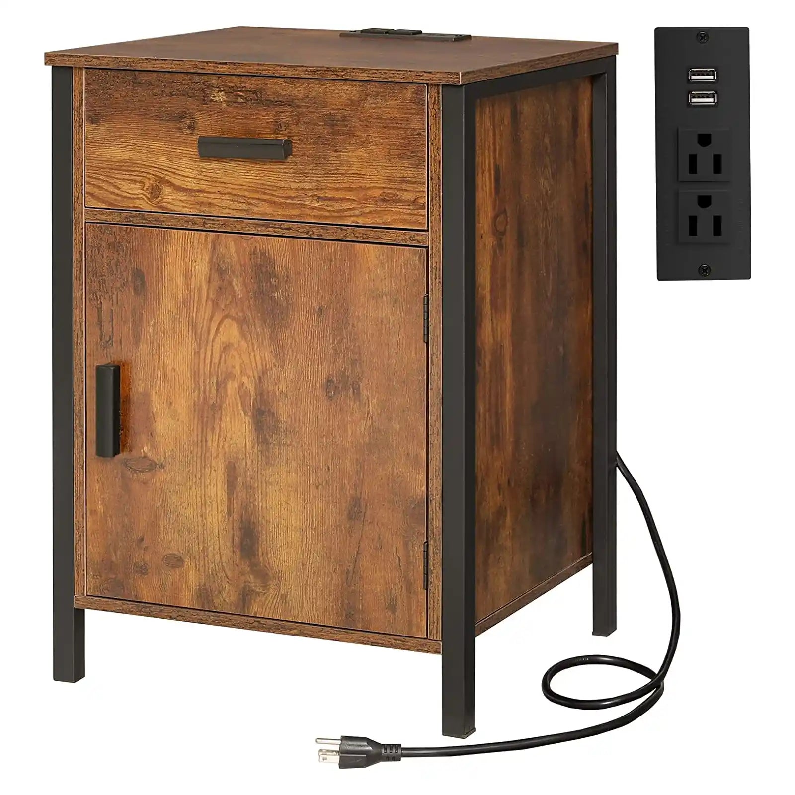 Industrial Nightstand with Charging Station, End Table with Drawer and Cabinet, USB Ports