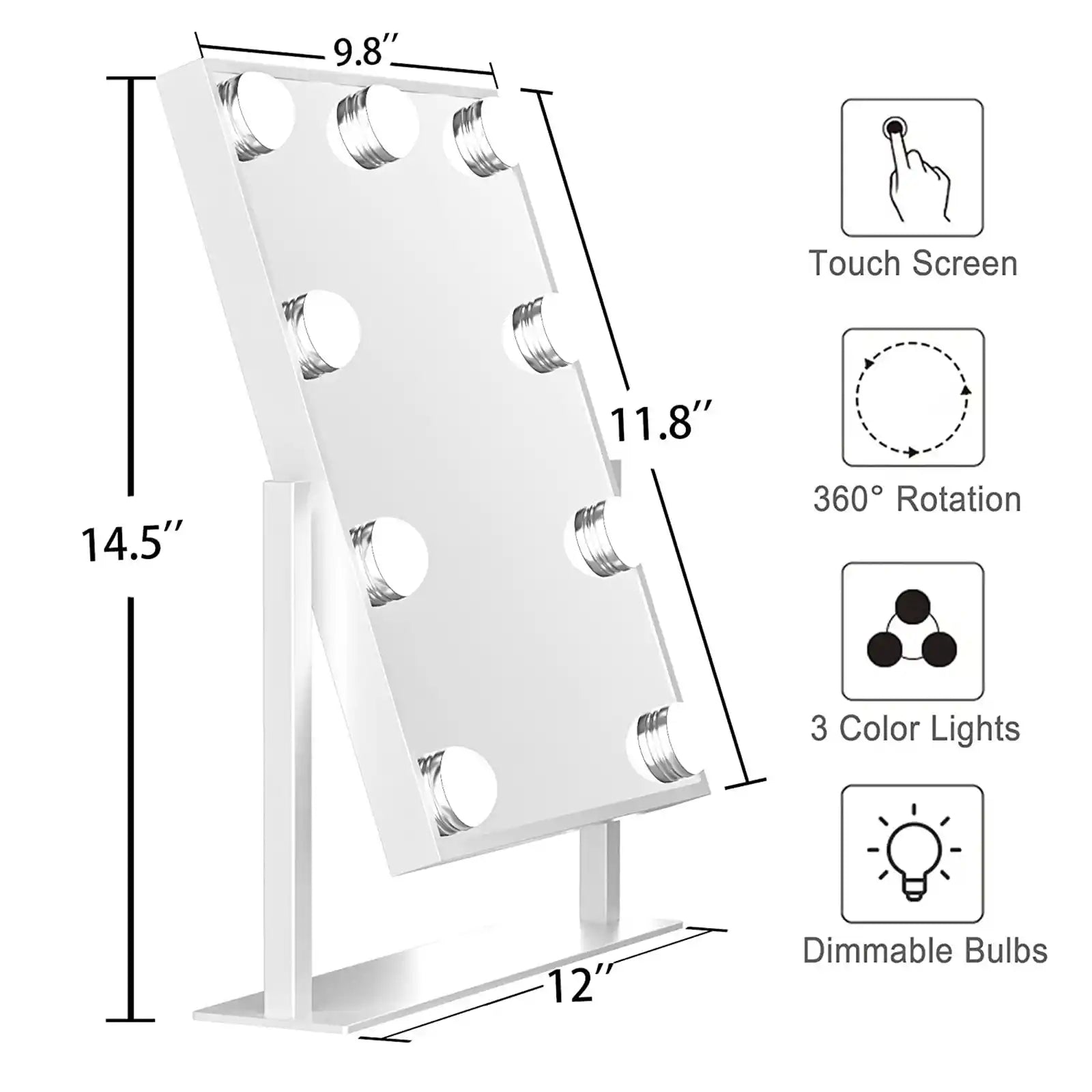 Espejo de tocador con luces, mesa de metal con rotación de 360°, 3 colores