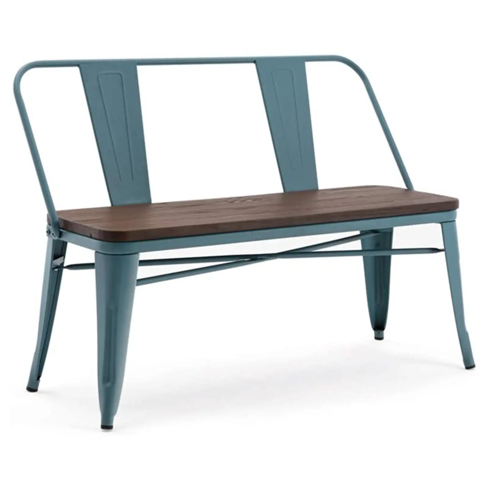 Acogedor banco de mesa de comedor, silla de mediados de siglo con estructura de metal azul