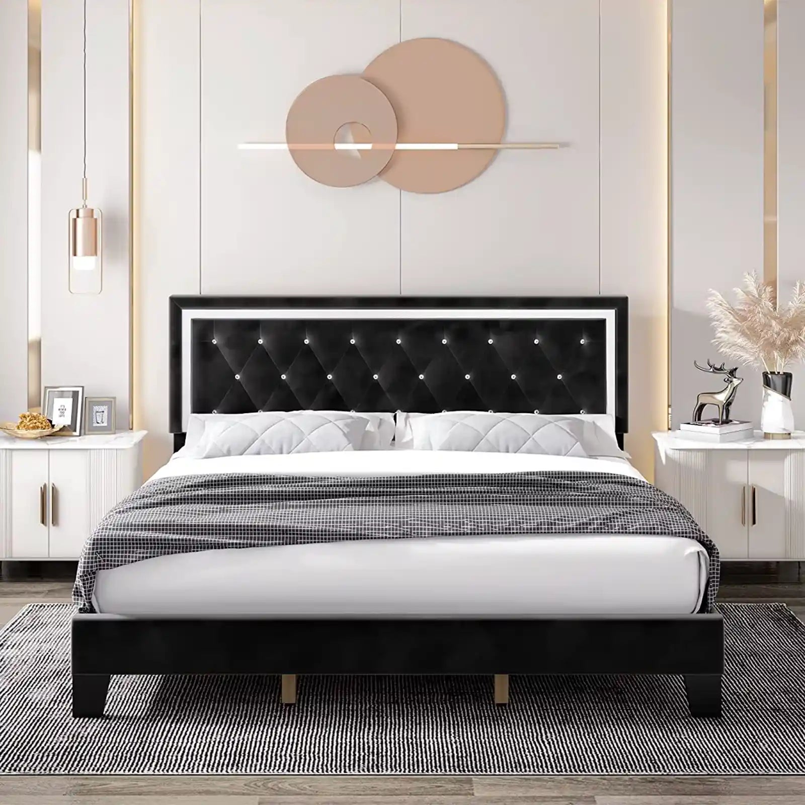 Marco de cama con plataforma tapizada con capitoné de diamantes y cabecera ajustable moderna