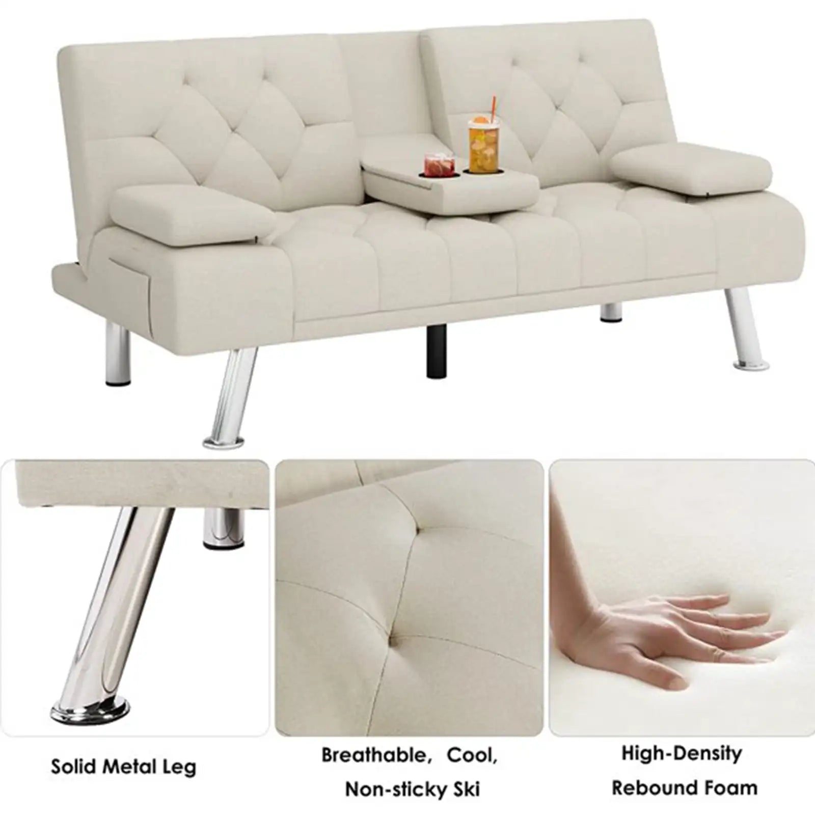 Upholstered Folding Sleeper Sofa with Removable Armrests, Couch for Small Space