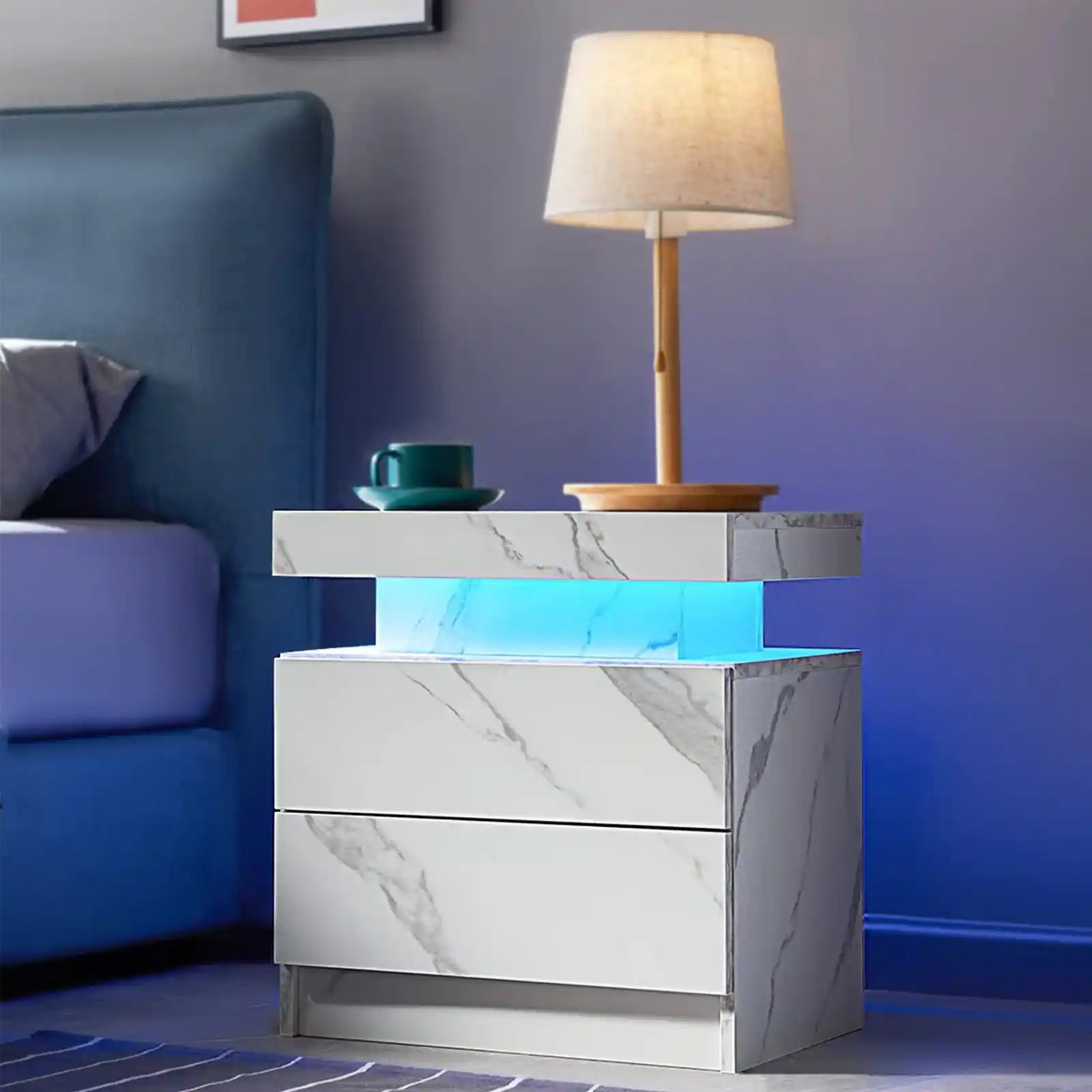 Bedside Table with 2 Drawers, LED Nightstand Wooden Cabinet Unit with LED Lights