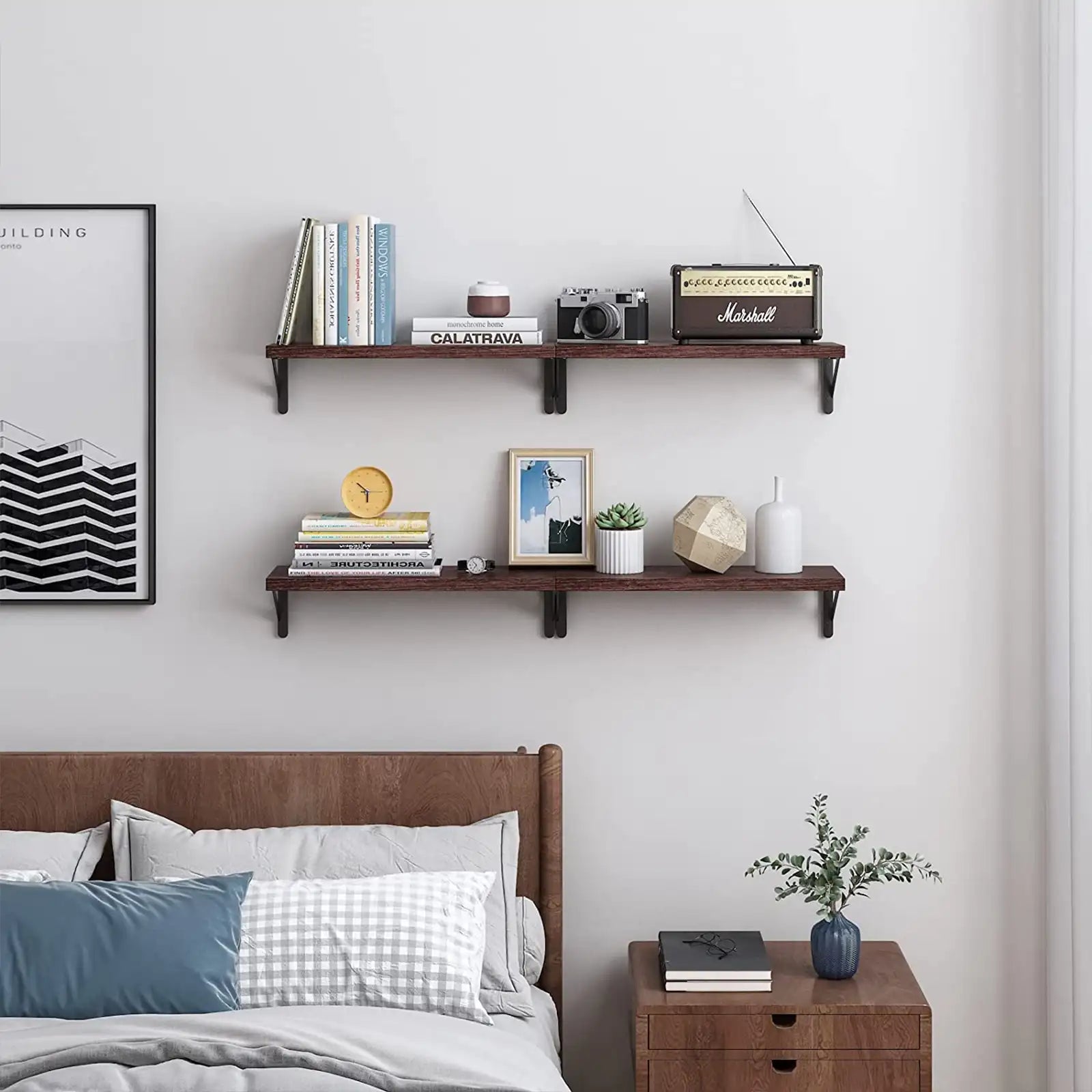 Floating Shelves, Rustic Wood Shelves, 4 Sets of Wall Mounted Shelf for Bathroom Decor, Bedroom, Living Room and Plants