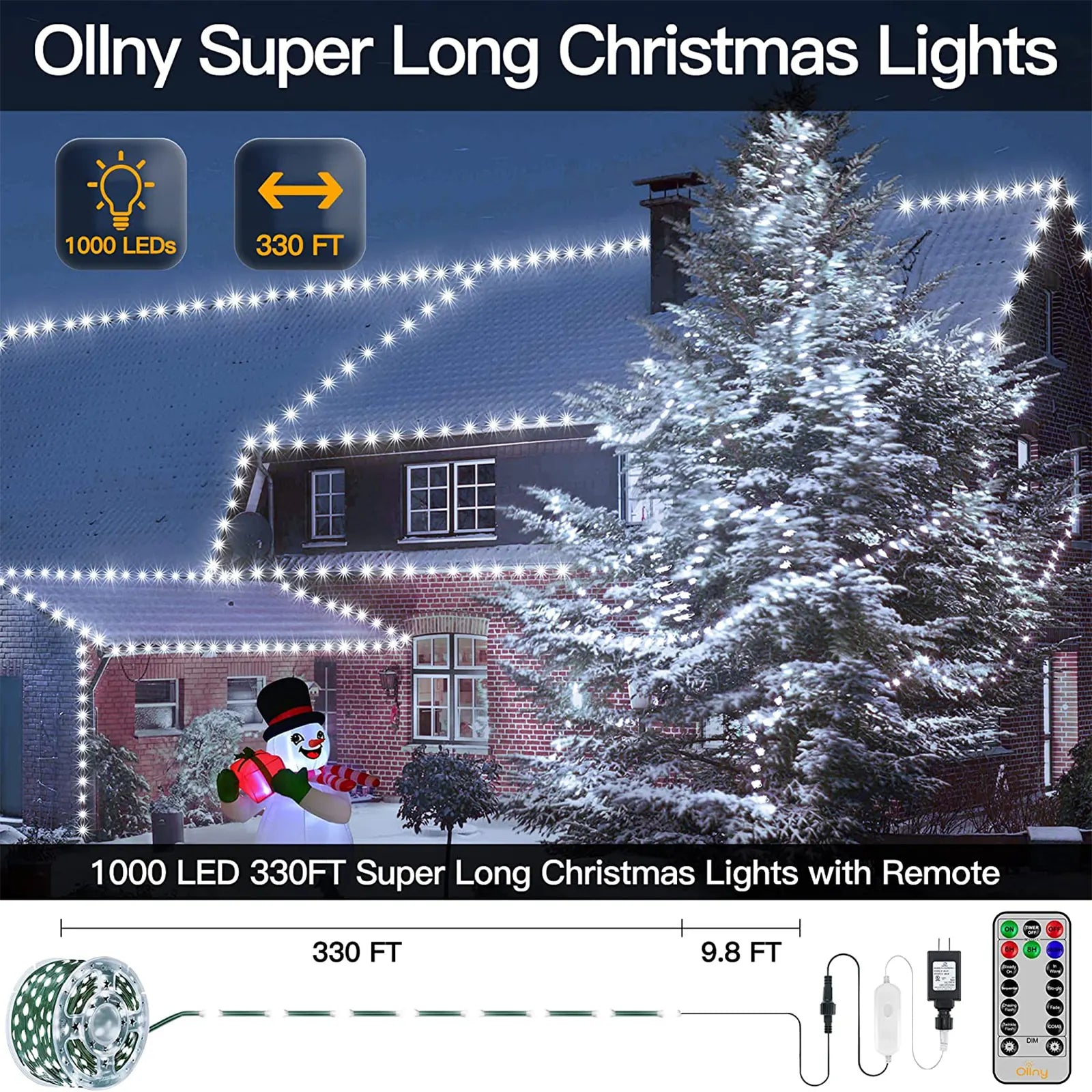 1000 LED 330FT IP67 Waterproof Plug in Christmas Tree Lights with Remote-8 Modes