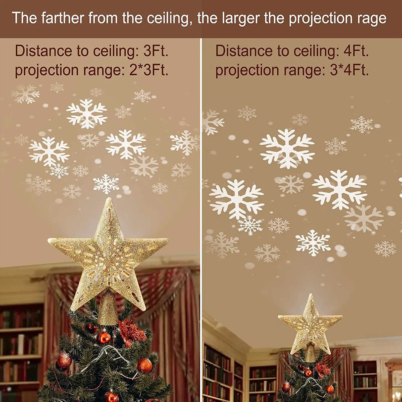 Adorno para árbol de Navidad con forma de estrella y luces LED integradas para proyector de copos de nieve 