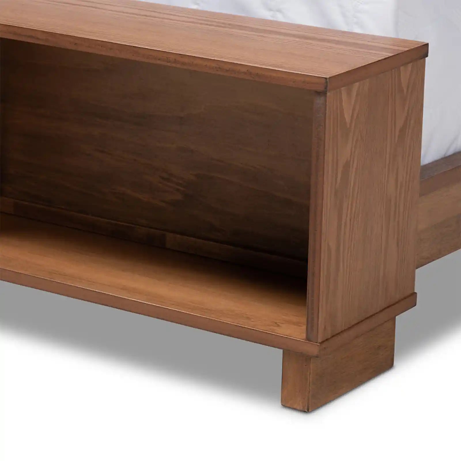 Walnut Brown Finished Wood Platform Storage Bed with Built-In Shelves