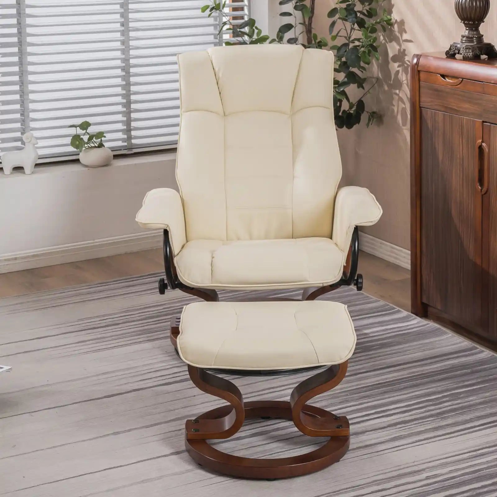 Recliner Arm Chair with Wrapped Wood Base and Ottoman Footrest