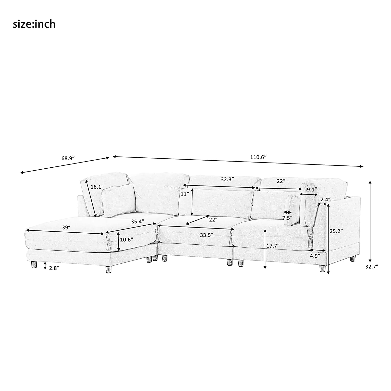 Upholstered Sectional Sofa Sets with Removable Ottomans and Waist Pillows