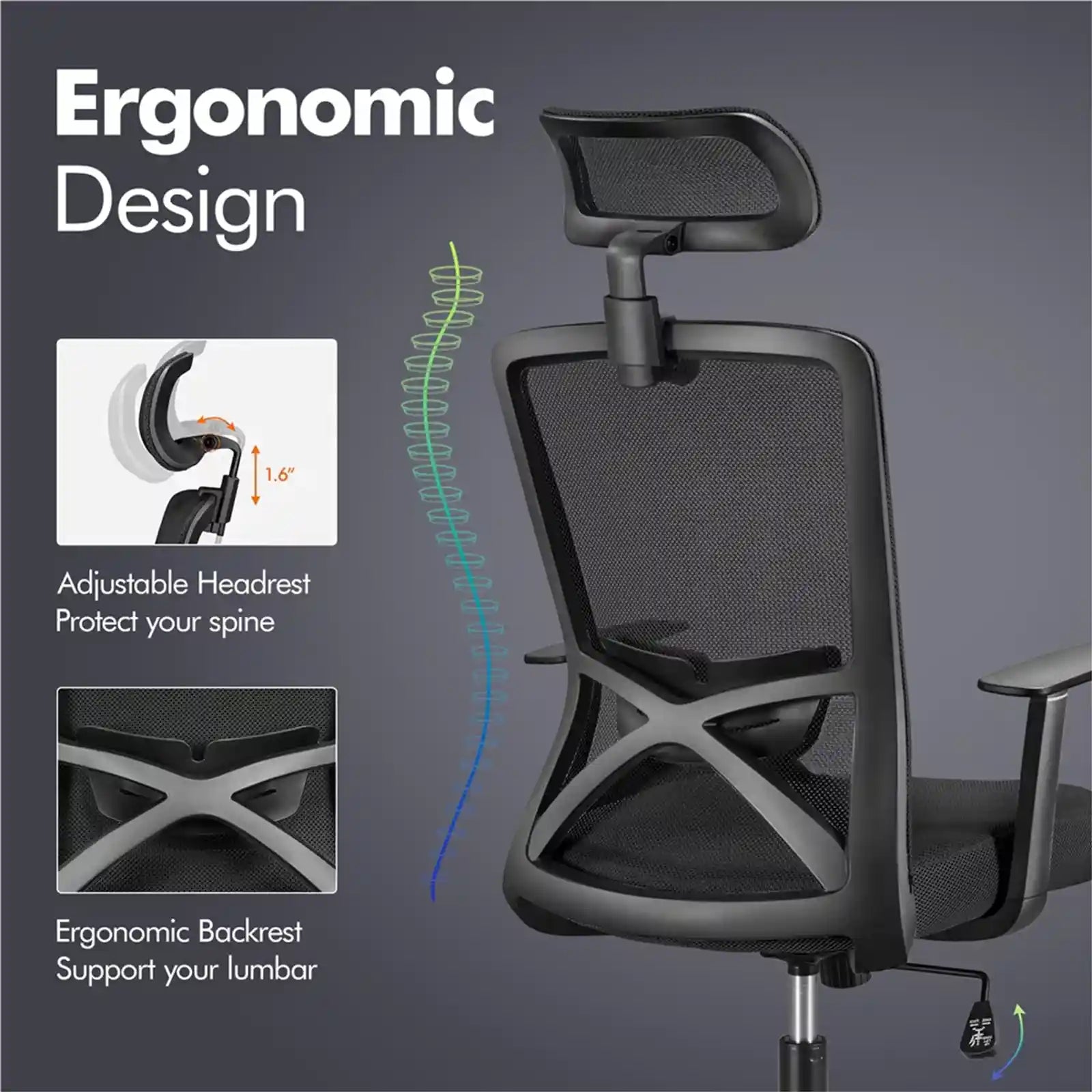 Sillas ergonómicas, silla de oficina ejecutiva rodante giratoria de malla con alto reposacabezas 