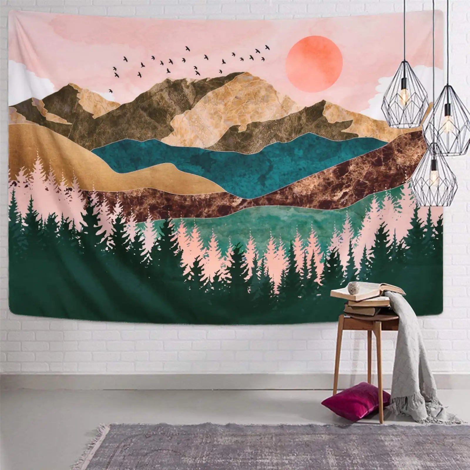 Tapiz de montaña, tapiz de árbol forestal, tapiz de puesta de sol, tapiz de paisaje natural para colgar en la pared de la habitación 