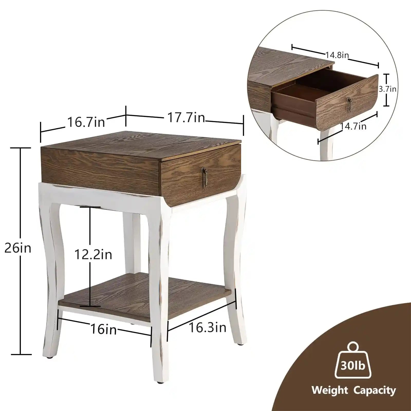 Farmhouse Nightstand, Rustic Bedside Table, 2-Tier Wood Accent End Table with Storage Drawer