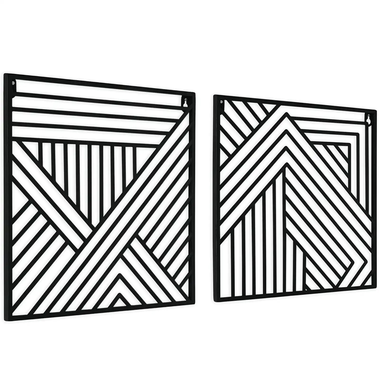 Black Geometric Line Metal Wall Art Set of 2, Minimalist Square Hanging Decoration, Modern Hanging Wall Sculpture over bed, 11.8x11.8 Inches