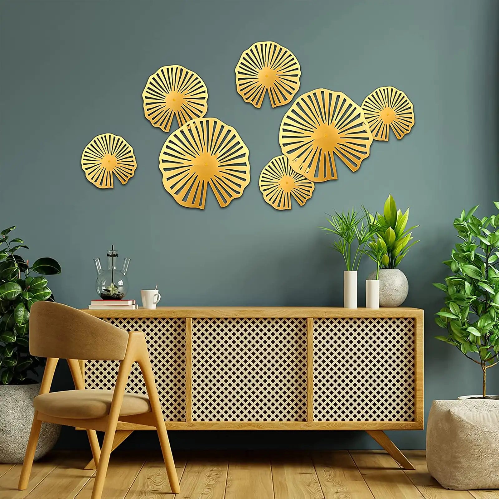 7 Pieces Gold Metal Wall Art Decor 3D Lotus Leaves Floating Wall Sculptures Modern for Living Room Bedroom Hotel Home Decorations, 3 Sizes