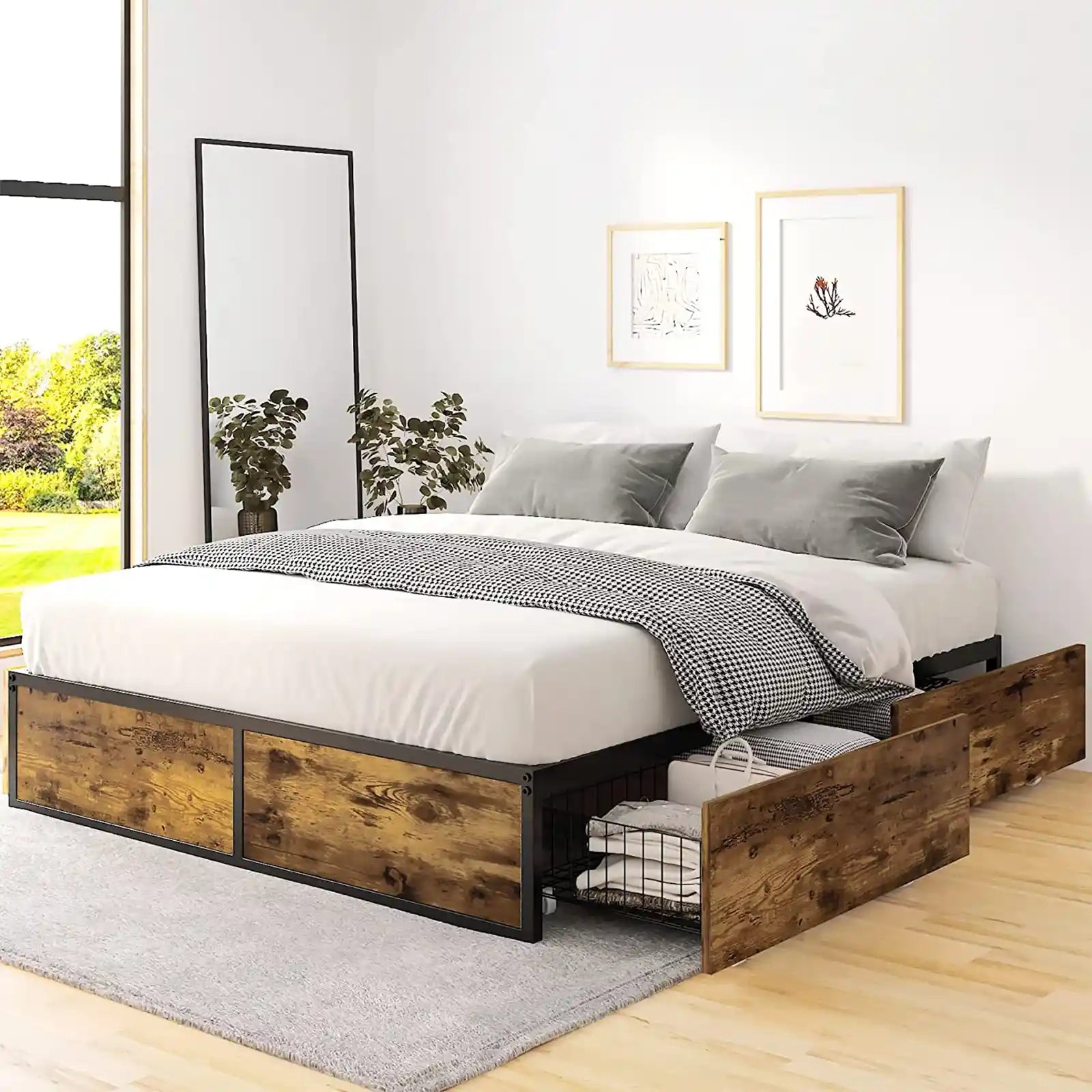 Estructura de cama con plataforma de metal industrial con 4 cajones de almacenamiento XL y ruedas