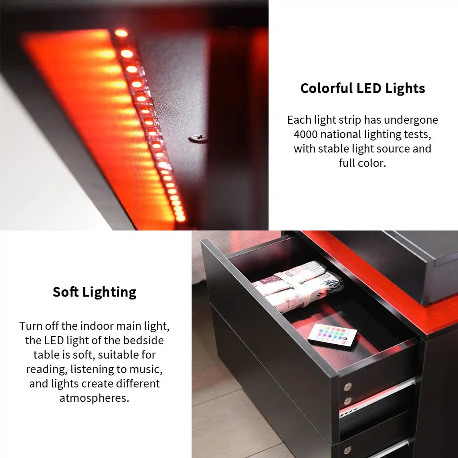 Mesita de noche con 2 cajones, mesita de noche LED, mueble de madera con luces LED 