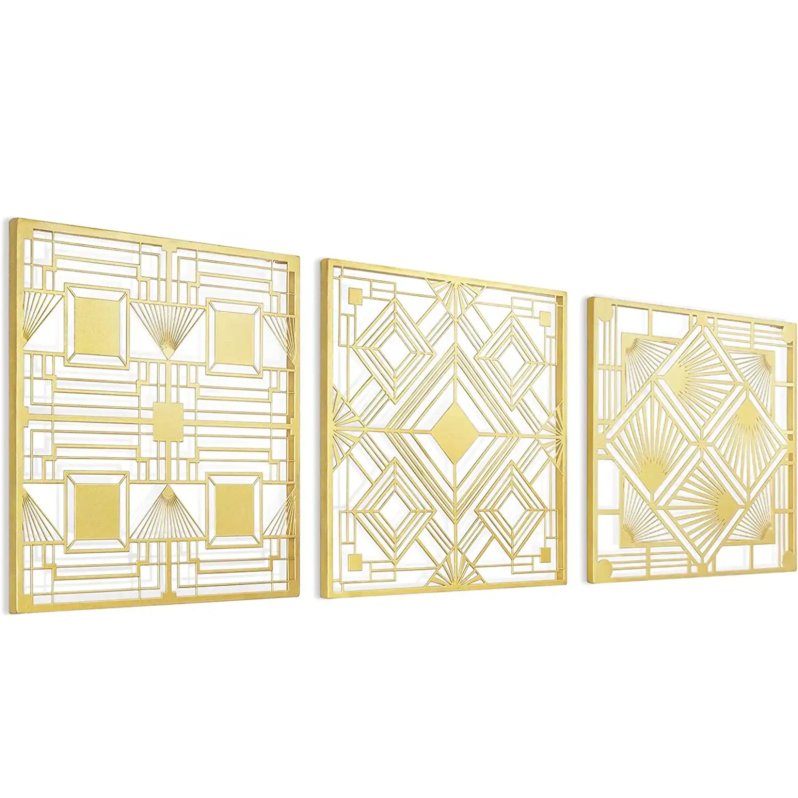 Set of 3 , 12" Sacred Geometry Metal Wall Art, Modern Abstract Geometric Shape Wall Hanging Decor, Square Gold Wall Sculptures for Yoga Meditation Zen Room Decor