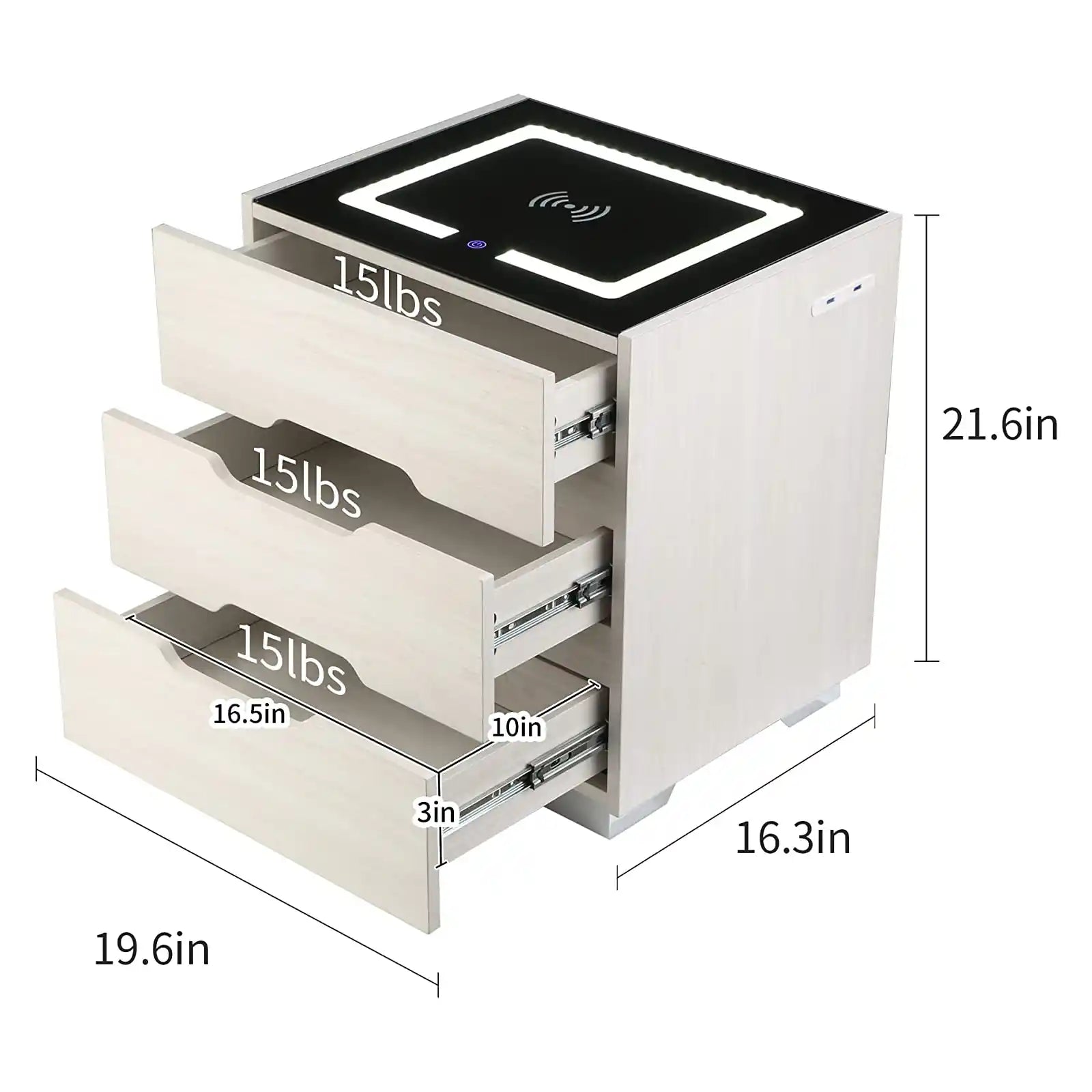 Mesitas de noche estación de carga inalámbrica y luces LED, mesa auxiliar moderna con gabinete de almacenamiento de mesita de noche de 3 cajones para dormitorio 