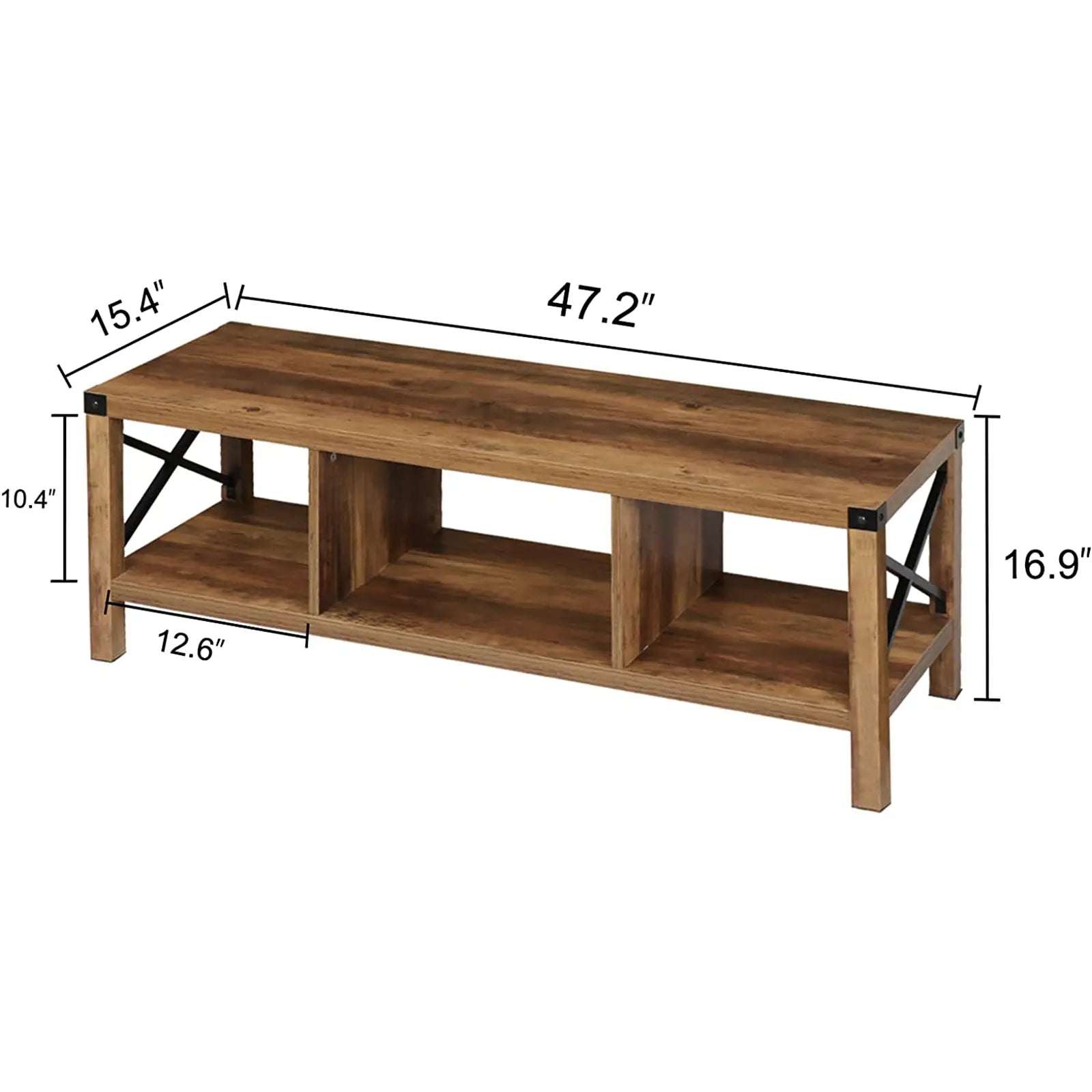 Mesa de centro de madera estilo granja con estantes de almacenamiento abiertos