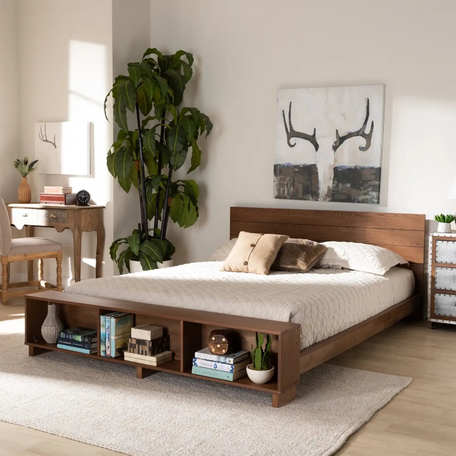 Walnut Brown Finished Wood Platform Storage Bed with Built-In Shelves