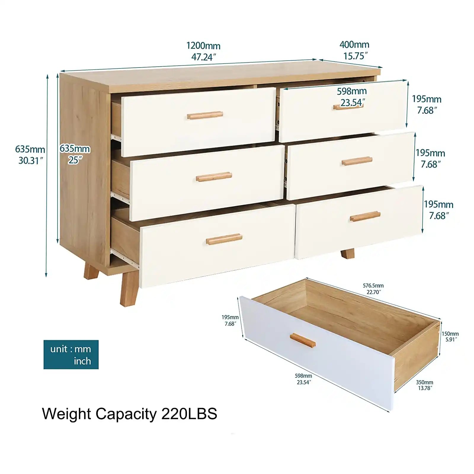 Contemporary Wood 6 Drawer Dresser , 4 Drawer Dresser