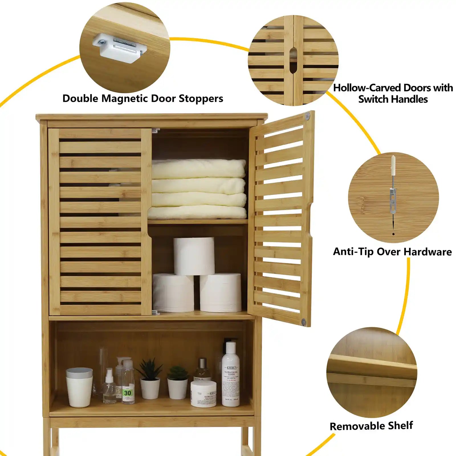 Organizador de baño con gabinete de almacenamiento de inodoro natural con estantes