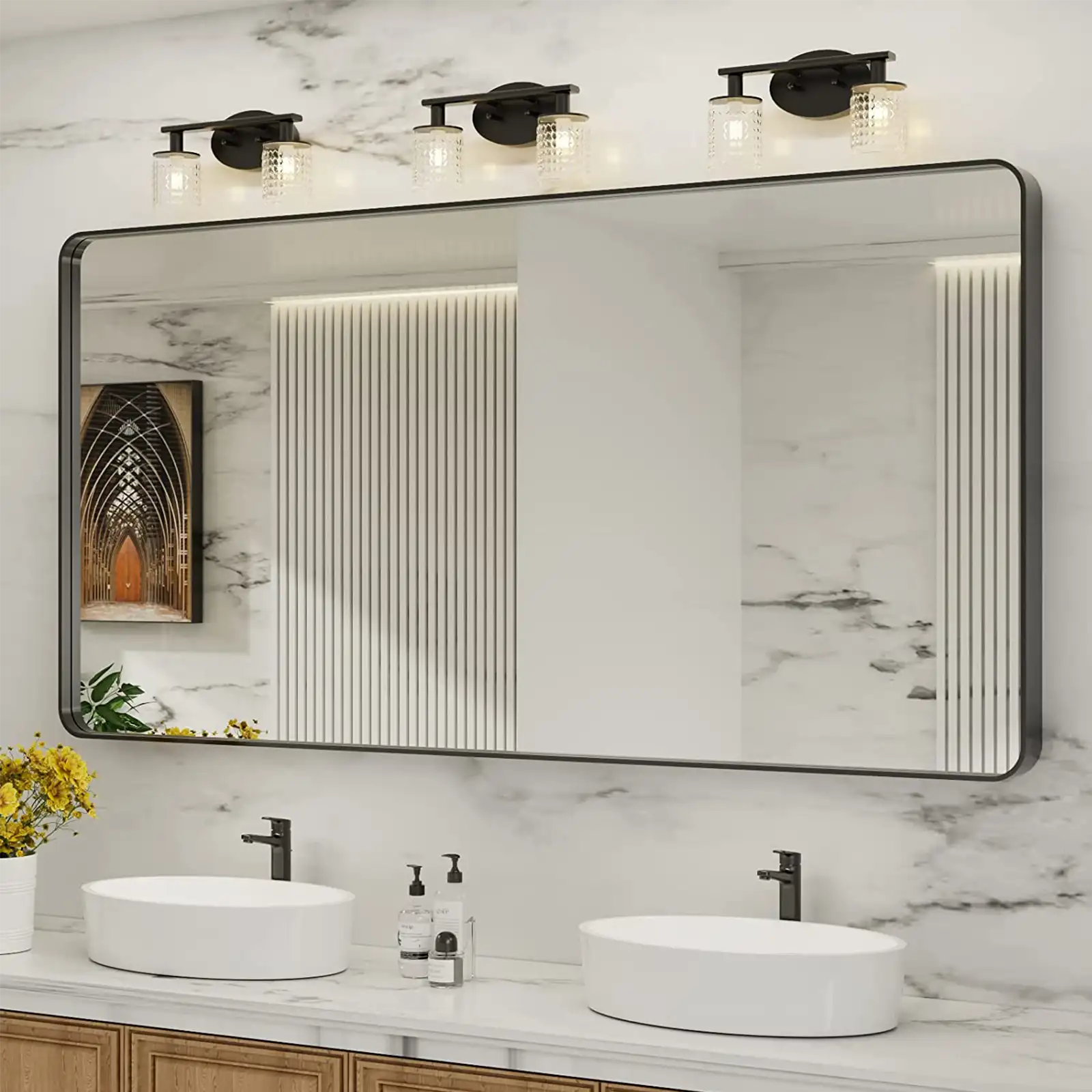 Espejo de baño con marco de metal negro para pared, espejo de tocador de baño negro mate, espejo rectangular redondeado grande, antioxidante, inastillable, se cuelga horizontal o verticalmente 