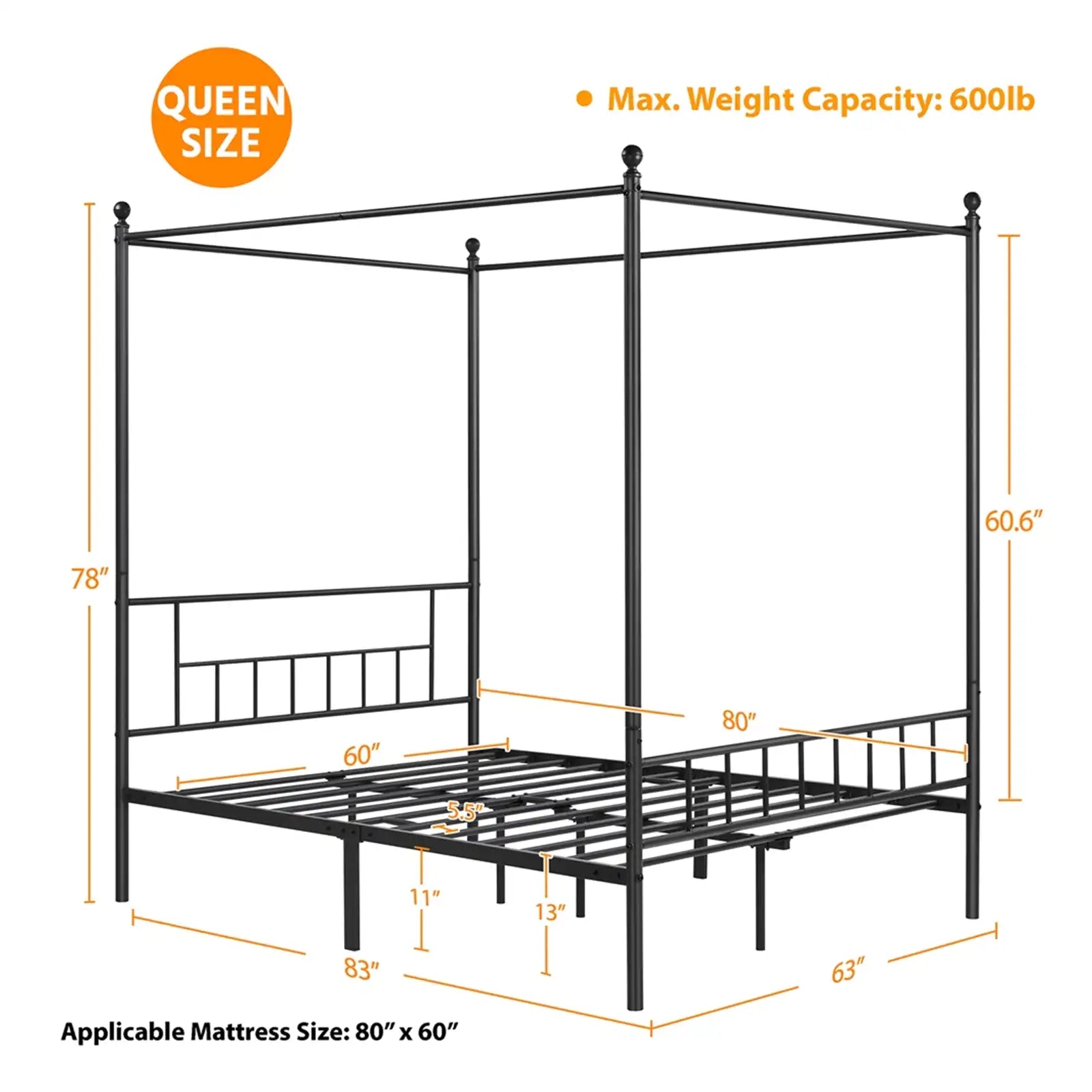 Canopy Bed Frame Four-poster Canopied Platform Bed with Headboard and Footboard