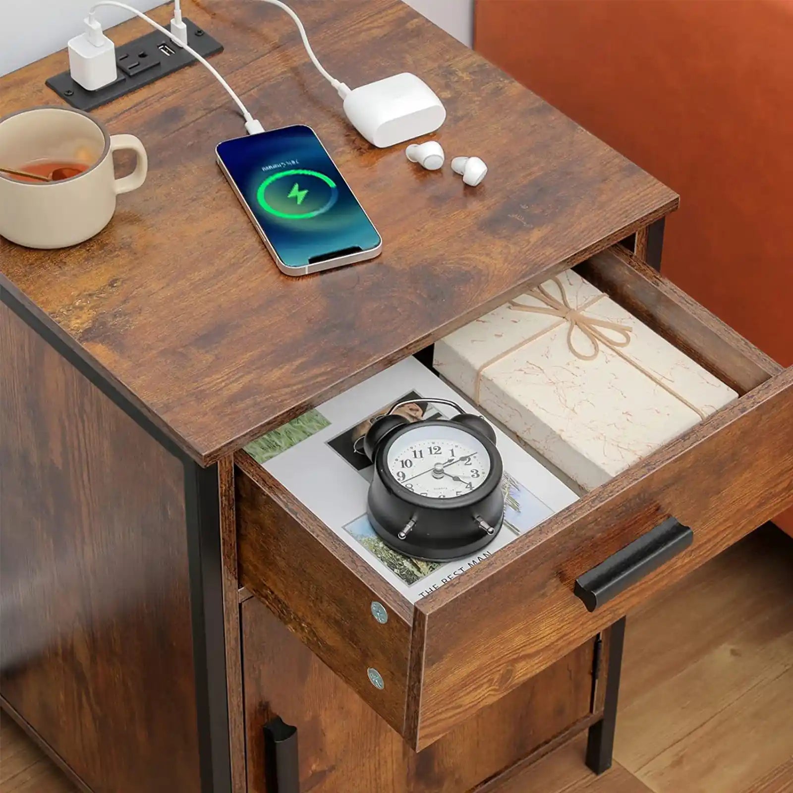 Industrial Nightstand with Charging Station, End Table with Drawer and Cabinet, USB Ports