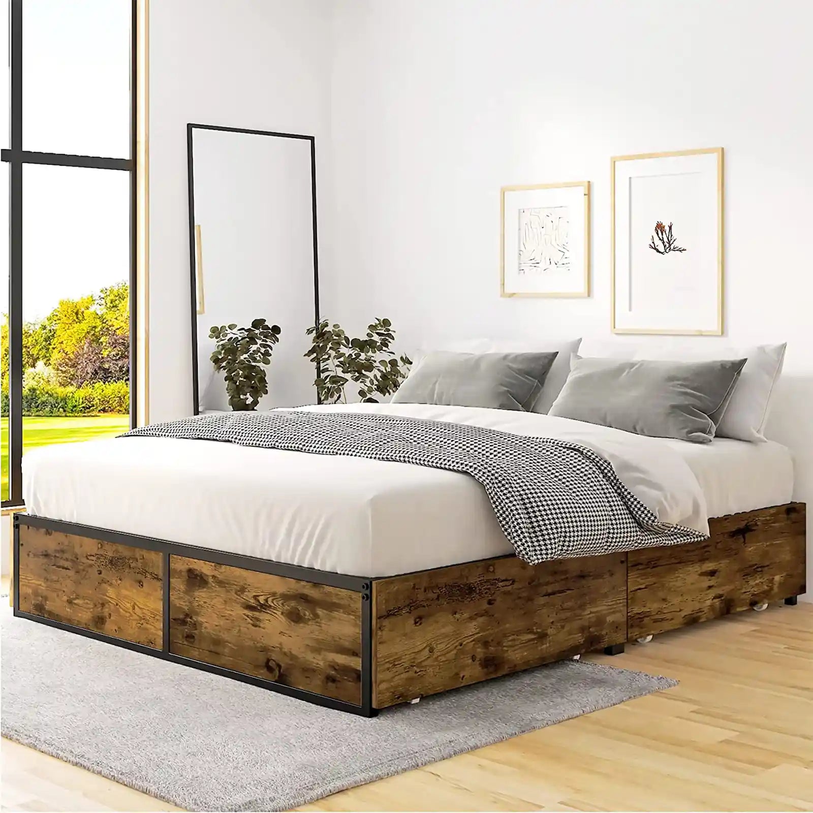 Estructura de cama con plataforma de metal industrial con 4 cajones de almacenamiento XL y ruedas