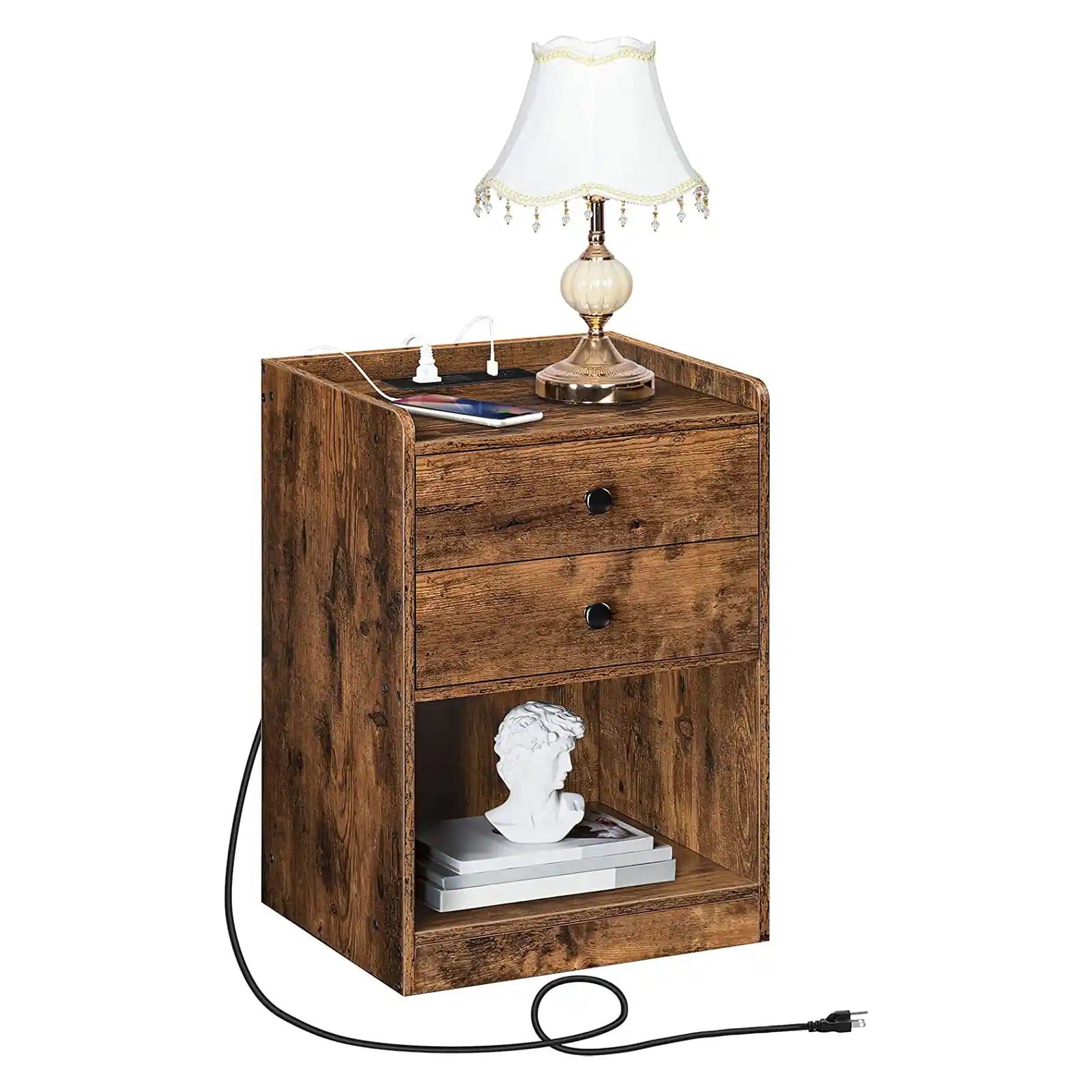 Nightstand with Charging Station, Side Table with 2 Drawers and Open Shelves, Storage Shelf with USB Ports and Outlets